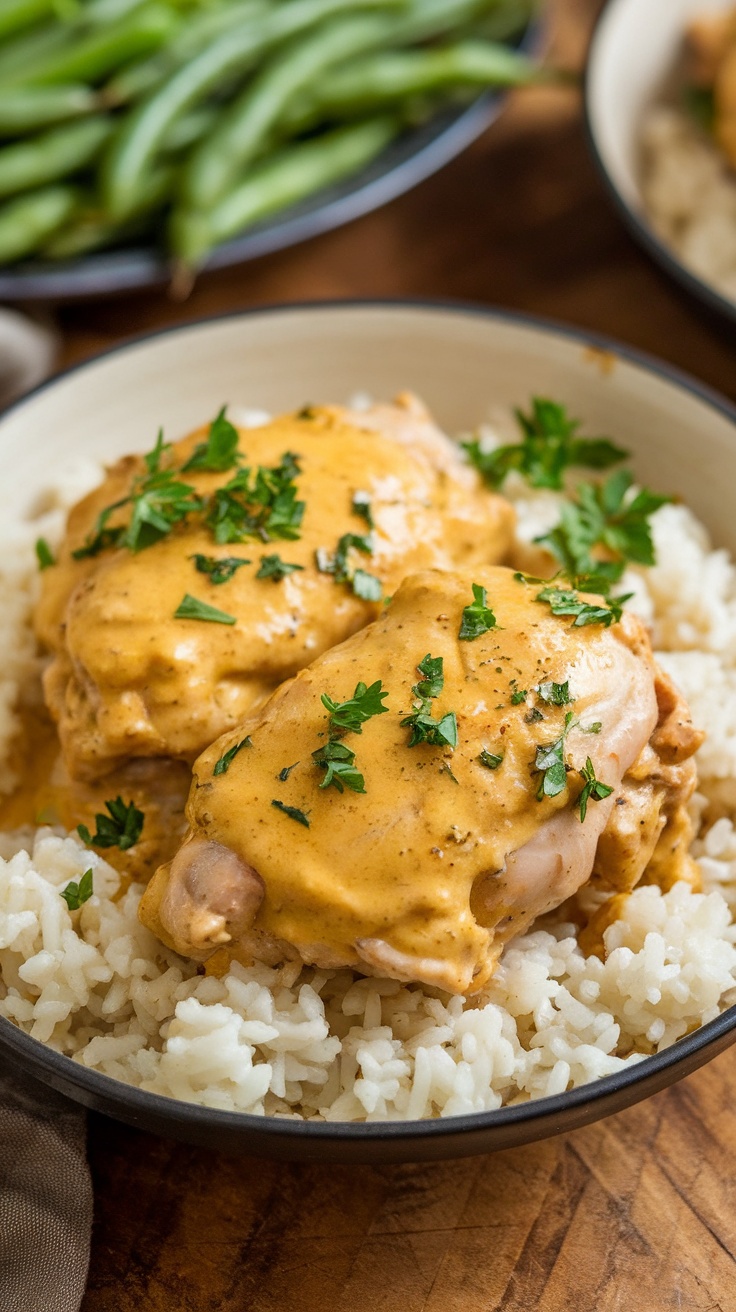 Creamy French mustard chicken over rice, garnished with parsley, on a rustic wooden table.